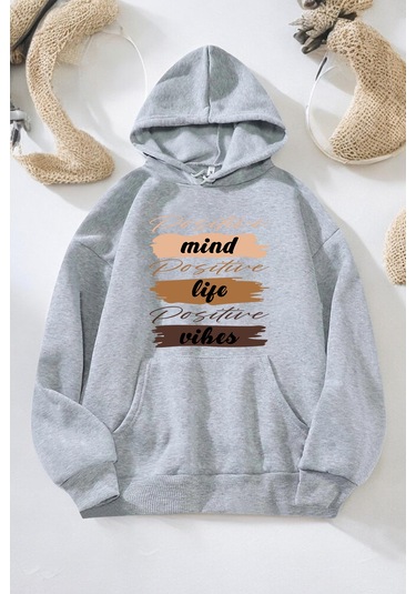Mind Life Vibes Baskılı Oversize Sweatshirt Gri