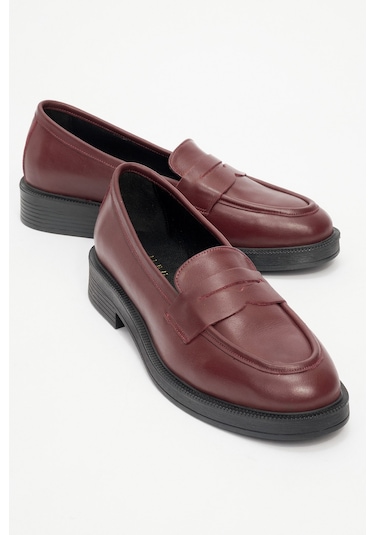 Pline Bordo Cilt Hakiki Deri Kadın Loafer Ayakkabı Bordo