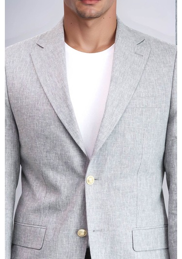Gri Keten Dokulu Gold Renk Metal Düğmeli Slim Fit Erkek Blazer Ceket - Wessi Grey