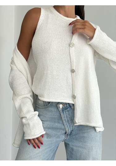 Kadın Giyim İkili Bluz Hırka Triko Takım Optik Beyaz Renk Ekru