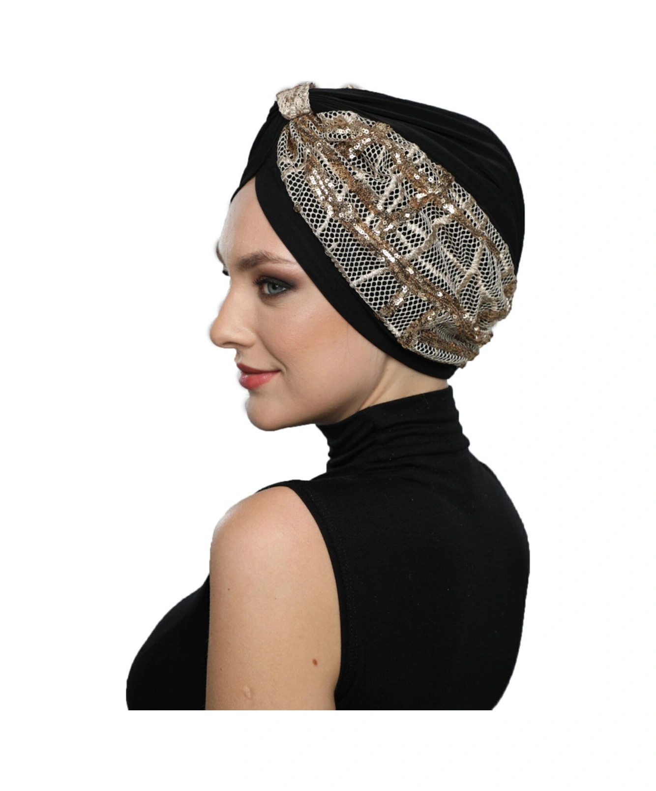 Özel Tasarım Siyah Bej-altın Pullu Fileli Etnik Desenli Astarlı Hazır Türban Tesettür Abiye Bone Siyah25