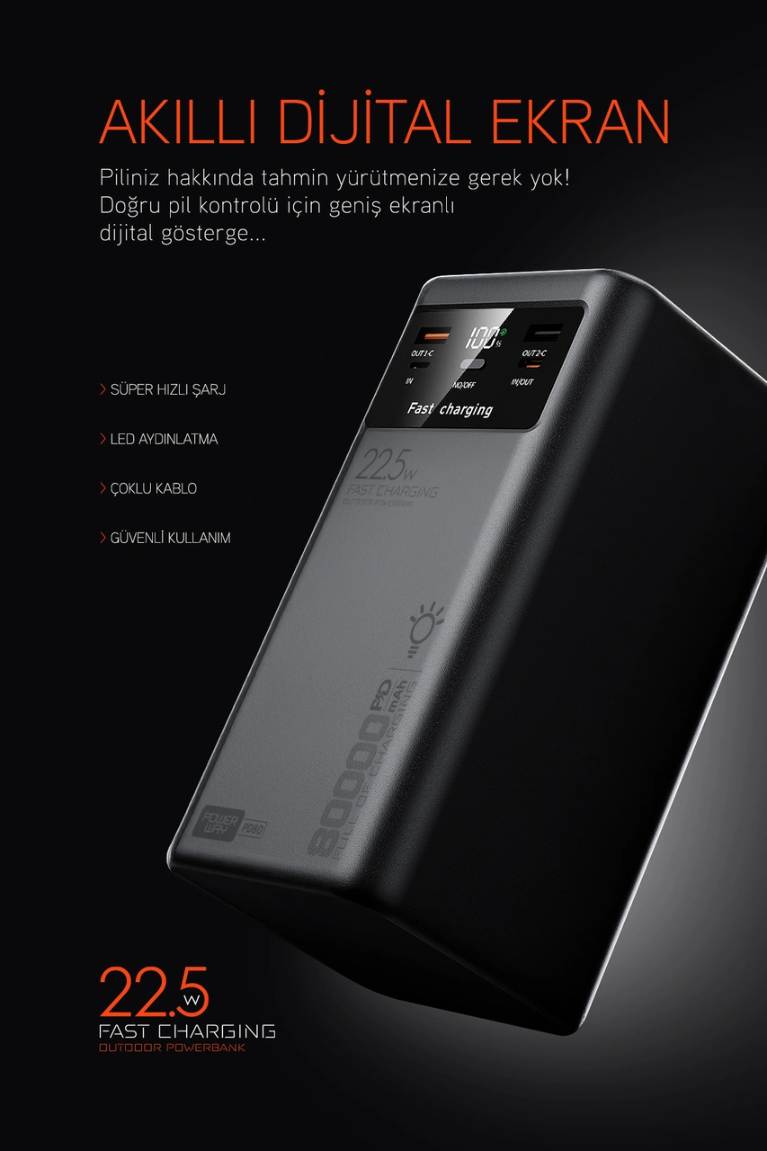 Powerway Pd80 Kamp Powerbank Gerçek 80.000 Mah Pd 22.5w Hızlı Şarj Led Fenerli Ve Dahili Kablolu Siyah