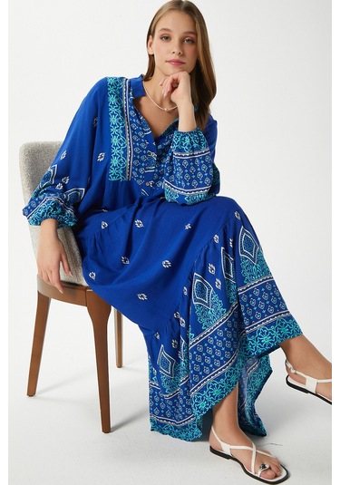 Modest Kadın Andrea Mavi %100 Viskon Maksi Boy Yazlık Elbise Çok Renkli