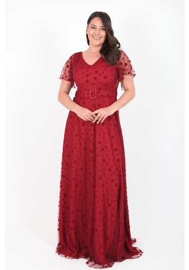 Ladies First Büyük Beden 3424 Bordo Uzun Abiye Elbise