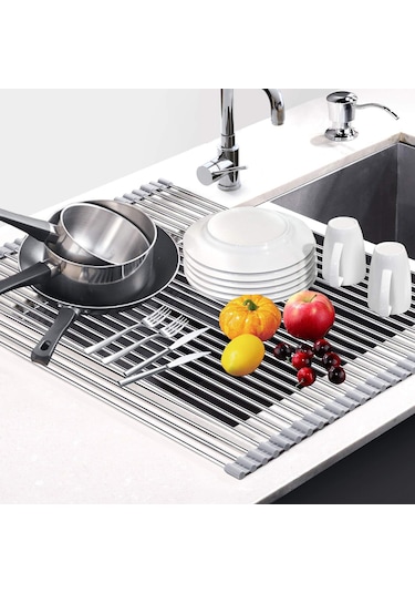 Yaleker Katlanabilir Paslanmaz Çelik Ve Silikon Kurutma Rafı - Mutfak Eşyaları Ve Sebzeler İçin Çok Amaçlı Gri