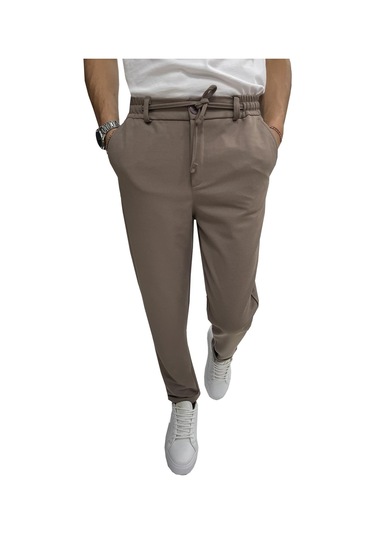Wooking Erkek Pantolon Beli Lastikli Slim Fit Esnek Likralı Basic Pamuklu Jogger TOPRAK