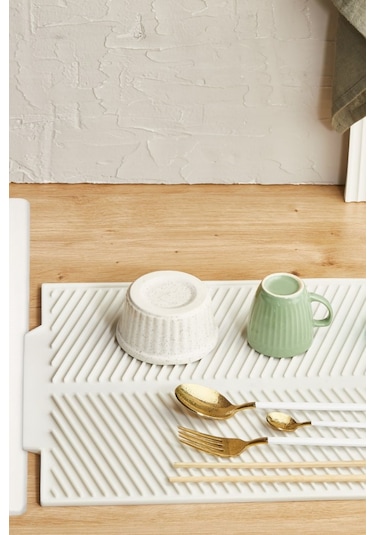 Rotanev Beyaz Büyük Boy Silikon Su Toplamaz Bulaşık Kurutma Matı Bulaşıklık - Bulaşık Altlığı 44 X 33 Cm Krem