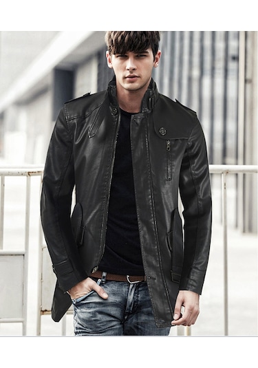Sımıcg Erkek Orta Boy Yaka Büyük Beden Deri Mont-siyah Siyah