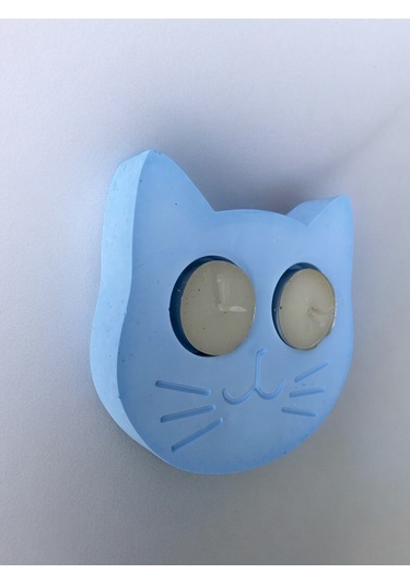 Mavi Kedi Şekilli Beton Mumluk - El Yapımı Dekoratif Çay Işığı Tealight Mumluk - Minimalist Kedi Tem Mavi