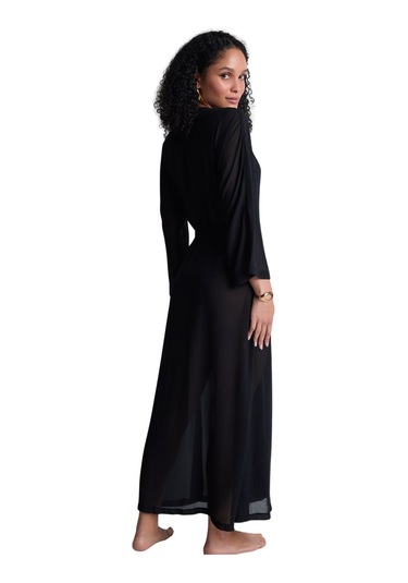 Aubade Beach Walk Kimono, Uzun Kollu, Derin Dekolteli, Hafif Plaj Üstlüğü Siyah