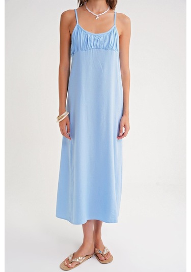 4742 Kadın İp Askılı Büzgü Detaylı Midi Elbise Bebe Mavi Bebe Mavi