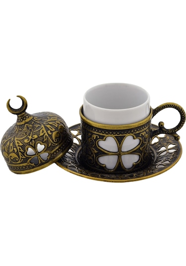 Sena Yonca Desenli Porselenli 4 Parça Antik Renk Fincan