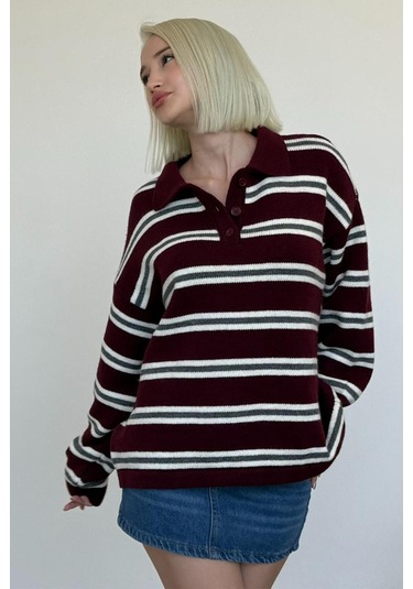Bordo Polo Yaka Çizgili Kadın Triko Kazak Mg2469 Bordo