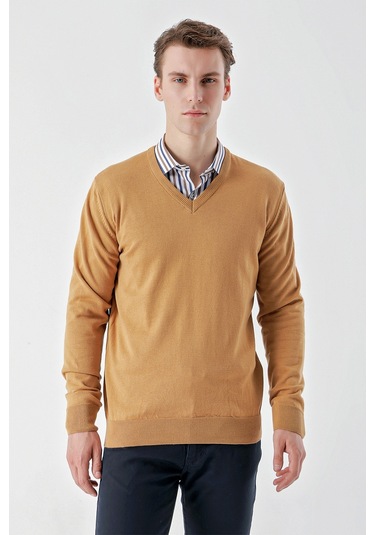 Morven Erkek Camel Basic V Yaka Dynamic Fit Rahat Kesim Triko Camel