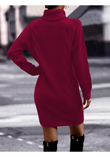 Saç Örgü & Selanik Örgü Desenli, Links Detay, Boğazlı, Uzun Kollu, Sırt Detay Desenli Bordo Triko Elbise Tunik Bordo