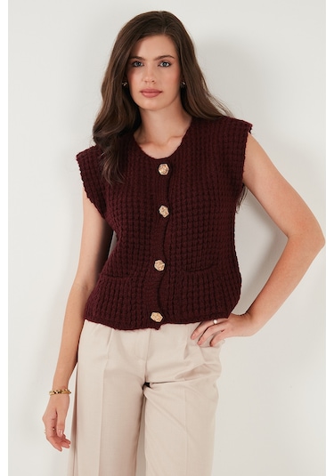 Lela Premium Oversize Fit Bisiklet Yaka Düğmeli Örgü Bayan Yelek 680Yl1416 Bordo
