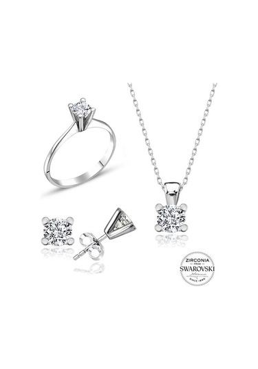 Sertifikalı Swarovski Taş Zarif Tek Taş 925 Gümüş Set Takım
