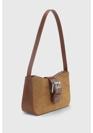 Kadın Süet Kahverengi Tokalı Vintage Görünüm Omuz Çantası 268 Süet Taba