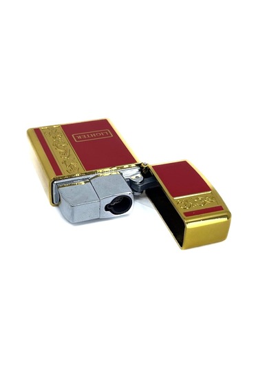 Metal Jet Alev Çakmak Gravür Şeritli Pirinç - Kırmızı Sarı