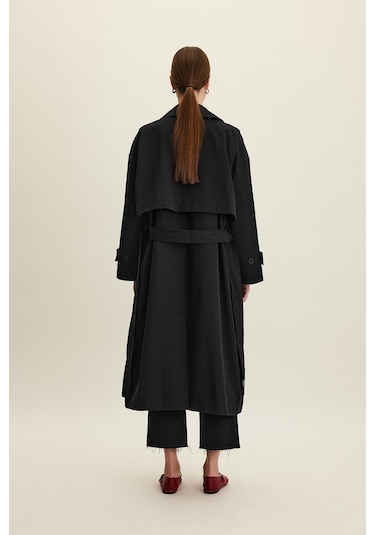 Kemerli Oversize Gabardin Trençkot Siyah Siyah