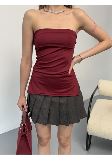 Kadın Straplez Bluz Bordo