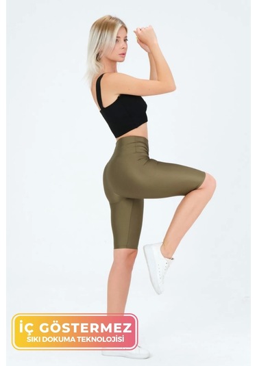 Enenstyle Fashıon Boutıque Yeni Sezon Özel Üretim Toparlayıcı Yüksek Bel Parlak Kumaş Iç Göstermeyen Dizüstü Spor Tayt Haki
