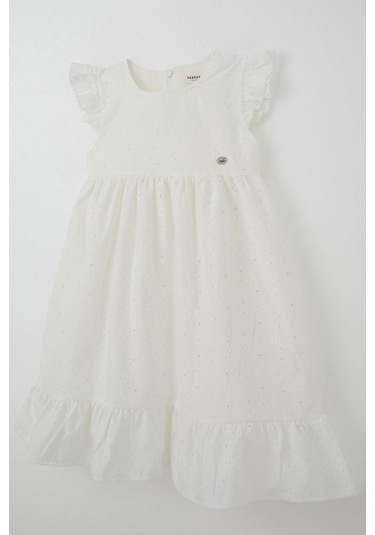 Breeze Kız Çocuk Elbise Çiçek Nakışlı Arma Detaylı 4-9 Yaş, Ekru Ekru