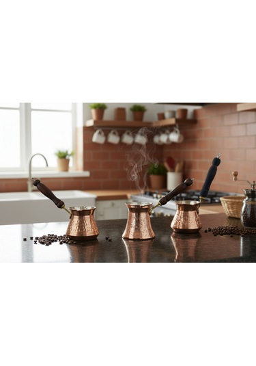 Ludıa Otantik İşlemeli 3 Adet El Yapımı Eskitme Bakır Cezve Set
