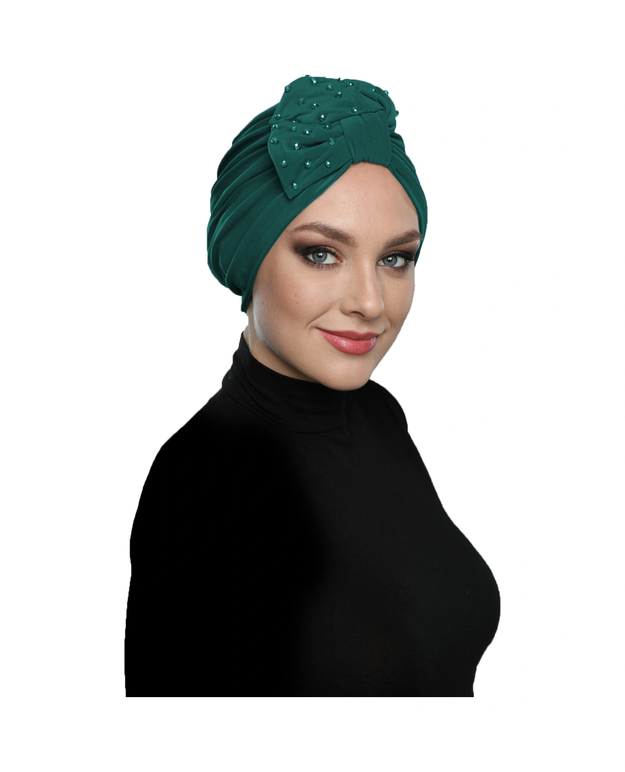 Kristal Yelpaze Taş Işlemeli Çift Taraflı Astarlı Yeşil Hazır Türban Tesettür Abiye Bone Yeşil