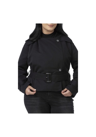 Büyük Beden Mono Yaka Kemerli Astarlı Kısa Siyah Trençkot Siyah