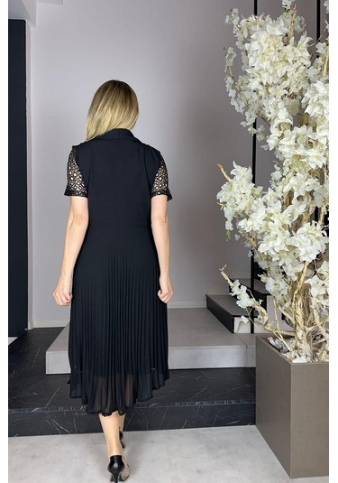 G0924 Kolları Dantel Piliseli Elbise Siyah-siyah