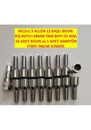 Allen-12 Başlı Krom Kaplı Bijon M12X1.5 ,Diş=28 Mm Tam Boy 55 Mm