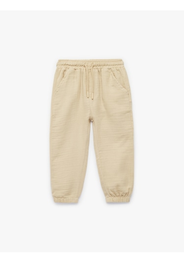 Koton Pamuklu Beli Bağcıklı Müslin Kumaş Basic Jogger Pantolon Bej 6smb40023tw Ekru