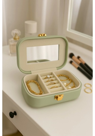 Deri Mini Seyahat Takı Bijuteri Mücevher Kutusu Organizer Düzenleyici 15cm Yeşil İthal Ürün