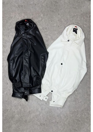 Siyah Oversize Bomber Deri Ceket Koyu Siyah