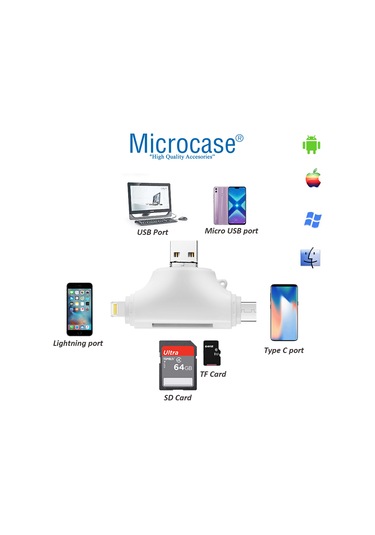 Microcase AL2743 4 in 1 SD Kart Okuyucu Type-C Lightning Micro USB to USB Çevirici Beyaz