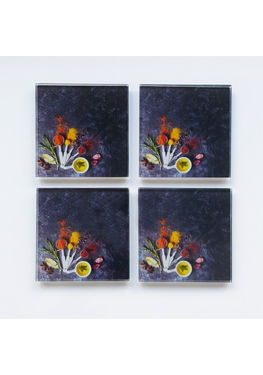 Decorita Cam Bardak Altlığı Baharat Çeşnisi 4'lü Takım 10 CM x 10 CM Çok Renkli
