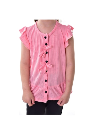 Fırfır Kollu Düğmeli Fiyonk Detaylı Kız Çocuk Alt-üst Takım Pembe