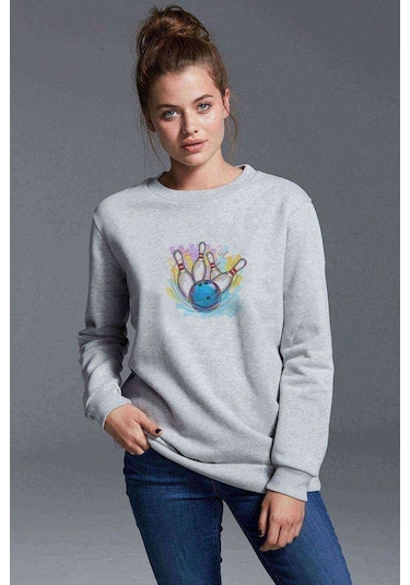 Bowling Topu Baskılı Gri Kadın Sweatshirt