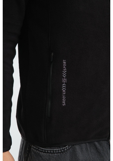 Shooter Sportswear Premium Kışlık Erkek Polar Sweatshirt Minimal Nakış Detayları Fermuarlı Regular Fit Siyah