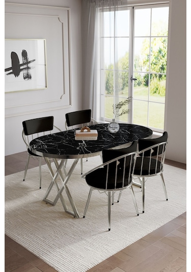 Selenit Mutfak Yemek Masası Takımı- 4 Kişilik Mutfak Masa Sandalye Takımı- Mutfak Masası Takımı Gümüş Siyah Mermer
