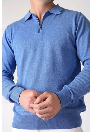 Ferraro A.Havacı Polo Yaka Fermuarlı Erkek Pamuk Kazak Mavi