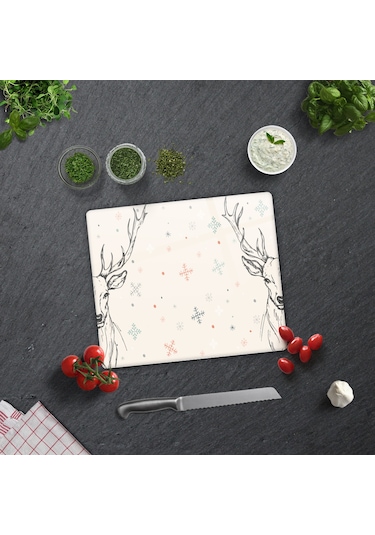 Decorita Cam Kesme Tahtası|Krem Geyikli|29cm x 34cm