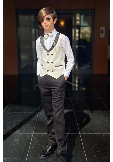 Riccotarz Erkek Çocuk Şal Yaka Düğme Detaylı Beyaz Cepken Yelek Gabardin Gömlek Takım Elbise Beyaz