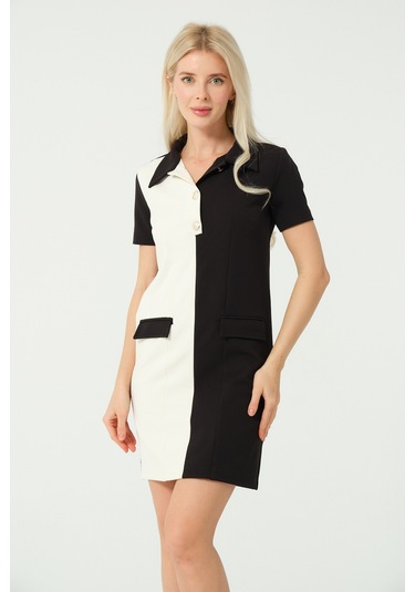 Polo Yaka Mini Elbise Siyah Beyaz