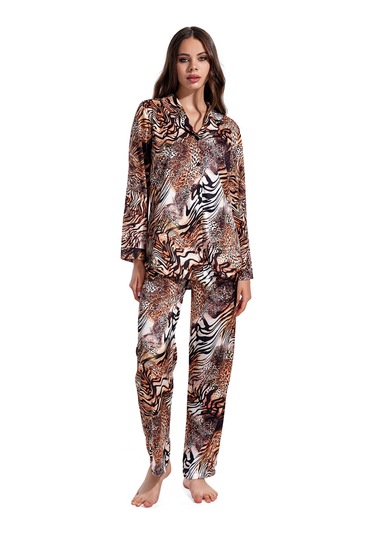 Lüks Kutulu Saten Pijama Takımı Dantel Kollu, Uzun Kollu, Kore İpeği Dokulu, Çeyizlik Hediye Seçeneği Leopar