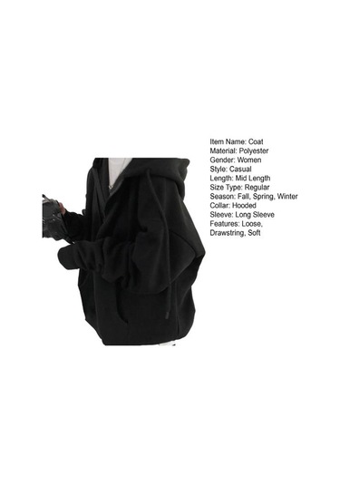 Koyu Gri Kadın Kış Ceket Fermuar Kapatma Kalın Kapşonlu Uzun Kollu İpli Gevşek Düz Renk Cepler Elastik Manşet Bayan Sonbahar Ceket Koyu Gri