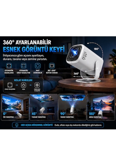 4k Destekli Android 13 Akıllı Projeksiyon Cihazı Wifi 6 Bluetooth 5.4 Full Hd Mini Projektör