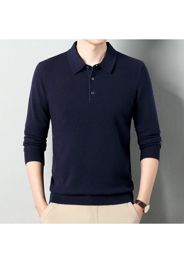 Sonbahar-kış Yün Yakalı Uzun Kollu Erkek Örgü Tek Renkli Kazak Lacivert