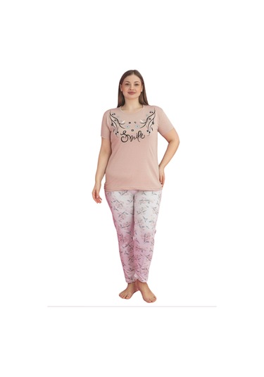 X-dreamy Büyük Beden Pamuklu Çiçekli Kısa Kollu Pijama Takımı Kahverengi
